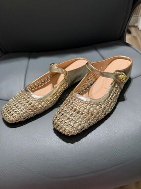 Woven Metallic Gold Mary Jane Flats with Strap